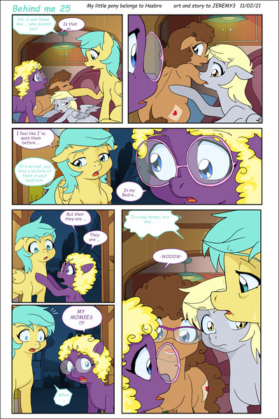 Size: 5630x8472 | Tagged: safe, artist:jeremy3, derpibooru import, derpy hooves, sunshower raindrops, oc, oc:trissie, oc:valentine, earth pony, pegasus, pony, comic:behind me, alternate universe, comic, couch, image, jpeg