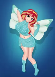 Size: 1739x2419 | Tagged: safe, artist:anonix123, derpibooru import, sunset shimmer, fairy, human, equestria girls, bloom, bloom (winx club), boots, breasts, busty sunset shimmer, clothes, cosplay, costume, crossover, crown, fairy wings, fairyized, fingerless gloves, gloves, high heel boots, high heels, human coloration, image, jewelry, magic winx, png, regalia, shoes, wings, winx club