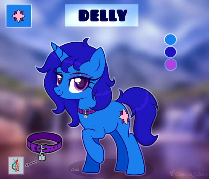 Size: 3500x3000 | Tagged: safe, artist:cornelia_nelson, derpibooru import, oc, oc:delly, unofficial characters only, pony, unicorn, collar, female, image, looking at you, mare, png, raised hoof, reference sheet