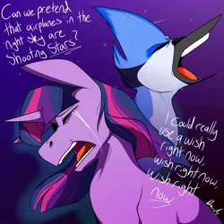 Size: 1080x1080 | Tagged: safe, artist:crookedbeetles, derpibooru import, twilight sparkle, bird, blue jay, pony, unicorn, aeroplanes and meteor showers, airplanes (song), b.o.b., crossover, crossover shipping, crying, dialogue, female, hayley williams, image, jpeg, lyrics, male, mare, meme, mordecai, mordetwi, night, redraw mordetwi meme, regular show, sad, shipping, shooting star, song reference, stars, straight, teary eyes, text, unicorn twilight