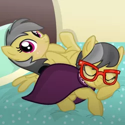 Size: 1456x1456 | Tagged: safe, artist:grapefruitface1, derpibooru import, a.k. yearling, daring do, pegasus, pony, base used, bed, blushing, cloak, clothes, cute, daring dorable, duality, eyes closed, glasses, image, looking at you, pillow, png, self ponidox, sleeping, smiling