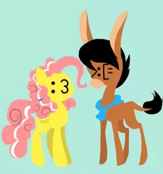Size: 639x682 | Tagged: safe, artist:miss-zi-zi, derpibooru import, oc, oc:ascot, oc:cream cheese, donkey, earth pony, pony, :3, >:[=, annoyed, ascot, blue background, female, image, jpeg, male, mare, offspring, parent:cheese sandwich, parent:pinkie pie, parents:cheesepie, simple background