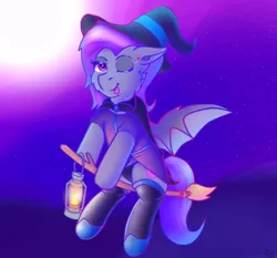 Size: 3128x2914 | Tagged: safe, artist:legionsunite, derpibooru import, oc, unofficial characters only, bat pony, pony, bat pony oc, bat wings, broom, clothes, costume, cute, female, flying, flying broomstick, halloween, hat, holiday, image, lantern, mare, moon, night, nightmare night, one eye closed, panties, png, socks, solo, sticking tongue out, underwear, wings, wink, witch, witch hat