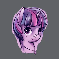 Size: 1280x1280 | Tagged: safe, artist:danfango, derpibooru import, twilight sparkle, pony, unicorn, bandaid, bust, eyelashes, female, gray background, image, jewelry, mare, necklace, png, simple background, smiling, solo, unicorn twilight