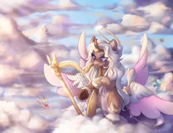 Size: 2200x1700 | Tagged: safe, artist:shady-bush, derpibooru import, oc, alicorn, pony, seraph, seraphicorn, cloud, female, halo, harp, image, mare, multiple wings, musical instrument, png, wings