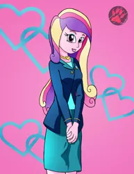 Size: 2700x3500 | Tagged: safe, artist:darkprinceismyname, derpibooru import, princess cadance, equestria girls, clothes, dean cadance, female, heart, high res, image, looking at you, pink background, png, simple background, skirt, solo