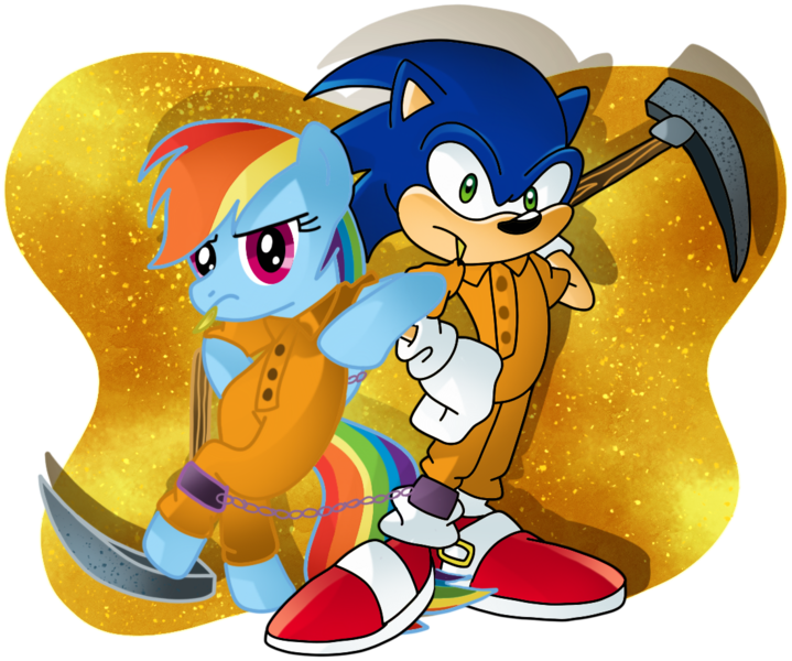 Size: 1099x917 | Tagged: safe, artist:pinkandorangesunset, derpibooru import, rainbow dash, bipedal, bipedal leaning, chain gang, crossover, duo, female, image, leaning, male, pickaxe, png, prisoner rd, shackles, sonic the hedgehog, sonic the hedgehog (series), toothpick