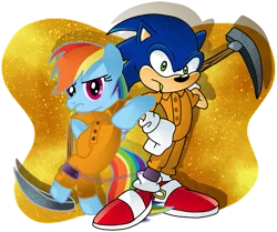 Size: 1099x917 | Tagged: safe, artist:pinkandorangesunset, derpibooru import, rainbow dash, bipedal, bipedal leaning, chain gang, crossover, duo, female, image, leaning, male, pickaxe, png, prisoner rd, shackles, sonic the hedgehog, sonic the hedgehog (series), toothpick