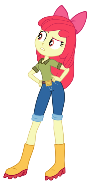 Size: 1722x3517 | Tagged: safe, artist:gmaplay, derpibooru import, apple bloom, eqg summertime shorts, equestria girls, the canterlot movie club, apple bloom's bow, belt, boots, bow, clothes, hair bow, hand on hip, image, jeans, pants, png, shirt, shoes, solo