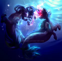 Size: 1280x1268 | Tagged: safe, artist:yamikonek0, derpibooru import, oc, unofficial characters only, hybrid, merpony, pony, seapony (g4), unicorn, bubble, crepuscular rays, curly mane, deviantart watermark, eyes closed, fins, fish tail, flowing mane, flowing tail, glow, high res, image, jpeg, looking at each other, obstructive watermark, obtrusive watermark, seaponified, smiling, species swap, sunlight, swimming, tail, tail wrap, underwater, water, watermark