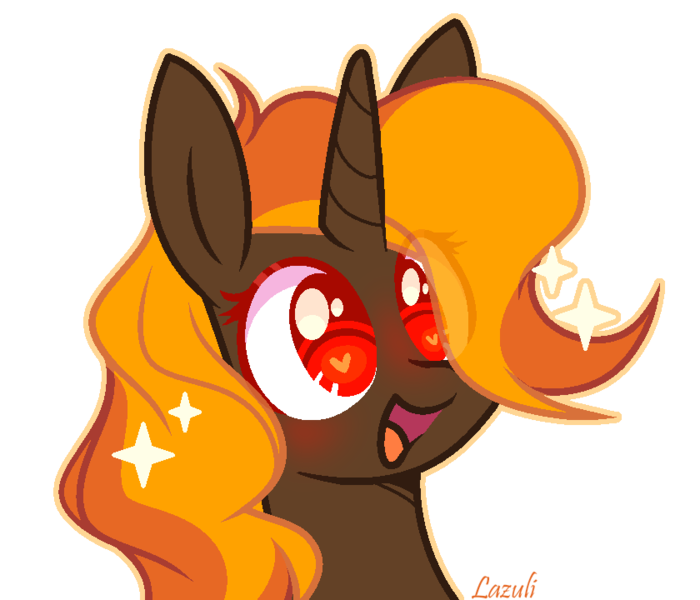 Size: 840x720 | Tagged: safe, artist:lazuli0209, derpibooru import, oc, oc:firebreak, unofficial characters only, pony, unicorn, bust, commission, genderqueer, heart eyes, horn, image, open mouth, png, signature, simple background, smiling, solo, transparent background, unicorn oc, wingding eyes, ych result