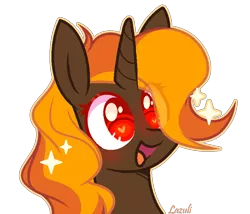 Size: 840x720 | Tagged: safe, artist:lazuli0209, derpibooru import, oc, oc:firebreak, unofficial characters only, pony, unicorn, bust, commission, genderqueer, heart eyes, horn, image, open mouth, png, signature, simple background, smiling, solo, transparent background, unicorn oc, wingding eyes, ych result