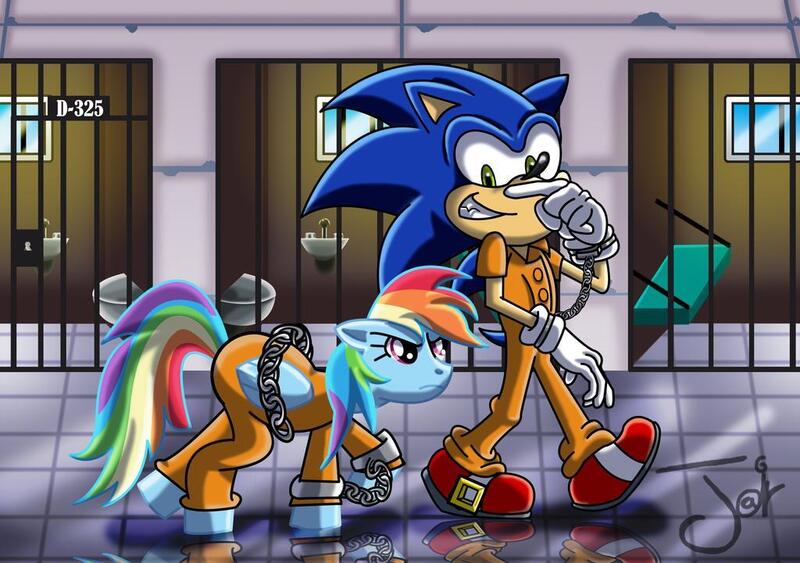 Size: 1024x720 | Tagged: safe, artist:boy-wolf, derpibooru import, rainbow dash, bashing, bound wings, chained, clothes, cuffs, image, jail, jpeg, prison, prison outfit, prisoner rd, sonic the hedgehog, sonic the hedgehog (series), walking, wings