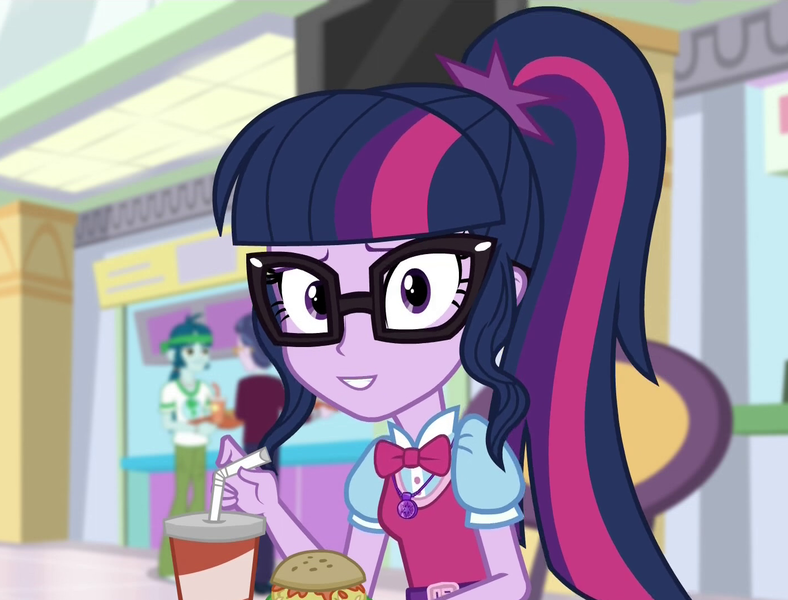 Size: 1408x1072 | Tagged: safe, derpibooru import, edit, edited screencap, editor:mycarhasamoustache, screencap, sci-twi, twilight sparkle, equestria girls, mirror magic, spoiler:eqg specials, burger, cropped, cute, food, hamburger, image, looking at you, png, smile edit, solo, twiabetes