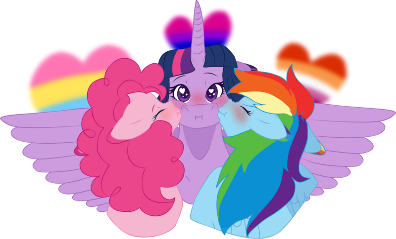 Size: 1280x775 | Tagged: safe, artist:matttheenby, derpibooru import, pinkie pie, rainbow dash, twilight sparkle, twilight sparkle (alicorn), alicorn, pony, blushing, female, floppy ears, heart, heart eyes, image, kiss on the cheek, kiss sandwich, kissing, lesbian, love triangle, pinkiedashsparkle, png, polyamory, shipping, simple background, transparent background, twidash, twinkie, twinkiedash, wingding eyes