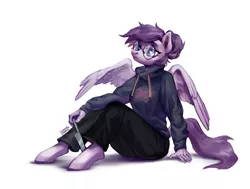 Size: 3612x2728 | Tagged: safe, artist:lunnita_pony, derpibooru import, oc, oc:vylet, unofficial characters only, anthro, pegasus, unguligrade anthro, clothes, glasses, hoodie, image, jpeg, knife, solo