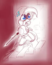 Size: 825x1024 | Tagged: safe, artist:alazak, derpibooru import, oc, oc:pearl, unofficial characters only, earth pony, pony, adventurer, cloak, clothes, image, jpeg, solo, stairs, sword, weapon