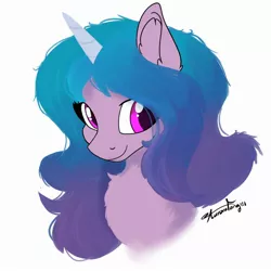 Size: 2000x2000 | Tagged: safe, artist:aurorafang, derpibooru import, izzy moonbow, pony, unicorn, bust, chest fluff, cute, ear fluff, female, g5, high res, image, izzybetes, jpeg, looking at you, mare, portrait, signature, simple background, smiling, solo, white background