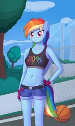 Size: 3000x5000 | Tagged: safe, alternate version, artist:irisarco, derpibooru import, rainbow dash, anthro, pegasus, 20% cooler, abs, ball, basketball, belly button, belt, black belt, blue fur, blue wings, bow, breasts, bush, city, clothes, cloud, confident, cute, dashabetes, day, denim shorts, female, fence, fingerless gloves, gloves, grass, hand on hip, image, looking at you, midriff, mobile phone, multicolored mane, multicolored tail, outdoors, park, phone, pink eyes, png, rainbow tail, short shirt, shorts, sky, skyscraper, small breasts, smartphone, smiling, smiling at you, solo, sports, standing, tail, text, tomboy, tree, watermark, wings