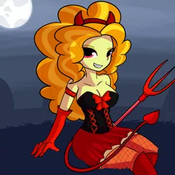 Size: 3000x3000 | Tagged: safe, artist:tjpones, derpibooru import, adagio dazzle, equestria girls, boots, bow, breasts, busty adagio dazzle, cleavage, clothes, corset, costume, devil costume, devil horns, evening gloves, fishnets, full moon, gloves, halloween, halloween costume, holiday, image, long gloves, looking at you, moon, pitchfork, png, shoes, skirt, smiling, solo, spaded tail