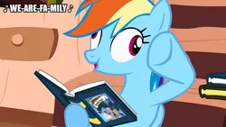 Size: 889x500 | Tagged: safe, derpibooru import, edit, edited screencap, screencap, rainbow dash, a friend in deed, book, derp, golden oaks library, image, jpeg, library, rainbow derp, sister sledge, solo, song reference, we are family