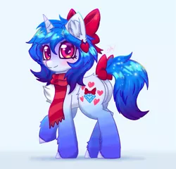 Size: 1559x1496 | Tagged: safe, artist:gempainter32, derpibooru import, oc, oc:diamond nella, unofficial characters only, pony, unicorn, bow, butt, cheek fluff, chest fluff, clothes, cute, cutie mark, diamond, digital art, ear fluff, ear piercing, earring, eye clipping through hair, featureless crotch, female, gradient hooves, gradient mane, hair bow, heart, ibispaint x, image, jewelry, light blue background, looking at you, mare, ocbetes, piercing, png, raised hoof, scarf, signature, simple background, solo, tail bow