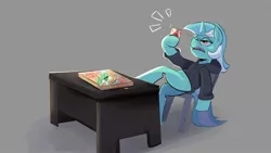 Size: 1920x1080 | Tagged: safe, artist:another_pony, derpibooru import, lyra heartstrings, oc, oc:anon, human, pony, unicorn, fanfic:background pony, alcohol, beer, chair, clothes, dig the swell hoodie, drunk, food, futurama, hoodie, image, jpeg, philip j. fry, pizza, pizza box, solo