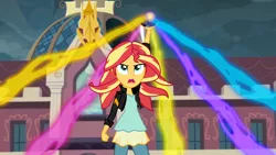 Size: 1920x1080 | Tagged: safe, derpibooru import, screencap, sunset shimmer, equestria girls, friendship games, female, floating, frown, glare, image, lightning, magic, magic capture device, open mouth, png, solo, talking