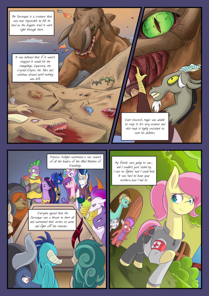 Size: 2893x4092 | Tagged: grimdark, artist:mustachedbain, derpibooru import, discord, fluttershy, pharynx, princess cadance, princess celestia, princess ember, princess luna, queen novo, rain shine, shining armor, spike, thorax, twilight sparkle, zephyr breeze, oc, oc:august, oc:rexion, alicorn, changedling, changeling, diamond dog, dragon, yak, comic:my dragon children, my little pony: the movie, comic, death, image, king thorax, png, prince pharynx, tarrasque, twilight sparkle (alicorn)