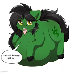 Size: 3500x3500 | Tagged: suggestive, artist:kaintaniel, derpibooru import, oc, oc:brassica, unofficial characters only, earth pony, belly, belly bed, big belly, cheek fluff, chest fluff, drool, fat, huge belly, image, imminent vore, impossibly large belly, looking at you, open mouth, png, shoulder fluff, stuffed, talking to viewer, tongue out, unshorn fetlocks, uvula, vore