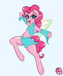Size: 1000x1200 | Tagged: safe, artist:plaguemare, derpibooru import, pinkie pie, fairy, fairy pony, original species, pony, semi-anthro, belly button, bloom (winx club), blushing, clothes, cosplay, costume, crossover, eyelashes, fairy wings, fairyized, female, flying, happy, image, jumping, magic winx, mare, png, simple background, skirt, smiling, solo, wings, winx, winx club, winxified