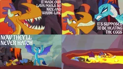 Size: 2000x1125 | Tagged: safe, derpibooru import, edit, edited screencap, editor:quoterific, screencap, billy (dragon), clump, fume, princess ember, spear (dragon), dragon, sweet and smoky, angry, caption, comic, dragoness, female, gritted teeth, image, lava, male, open mouth, png, text
