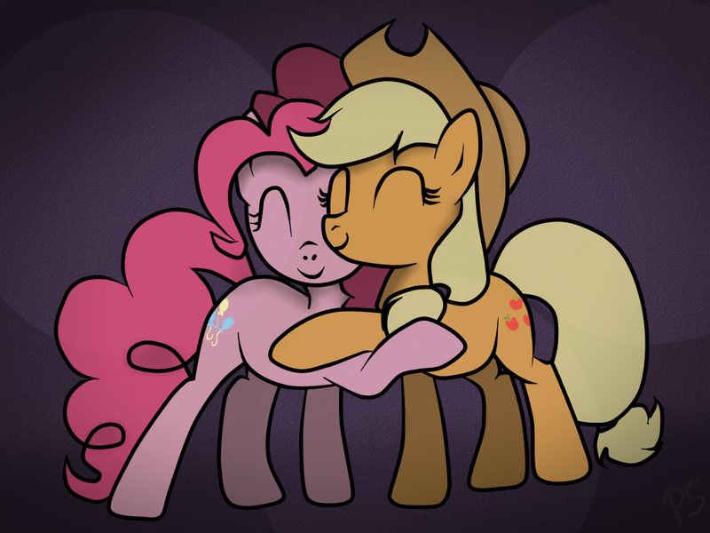 Size: 1024x768 | Tagged: safe, artist:pinkamenascratch, derpibooru import, applejack, pinkie pie, earth pony, pony, abstract background, duo, eyes closed, female, hug, image, png