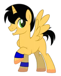 Size: 2200x2736 | Tagged: safe, artist:f1master45, derpibooru import, oc, oc:swift bow, unofficial characters only, alicorn, pony, derpibooru community collaboration, 2021 community collab, alicorn oc, black hair, blue, green eyes, horn, image, png, simple background, smiling, solo, transparent background, wings, wristband