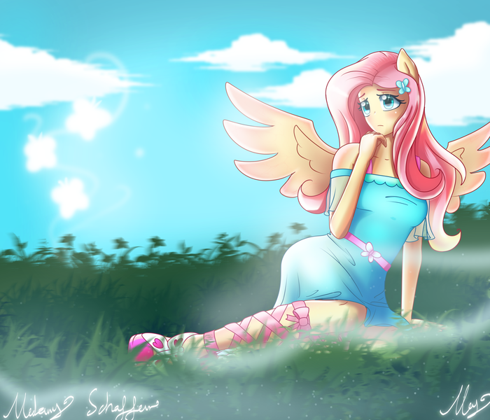 Size: 2450x2100 | Tagged: safe, artist:melanyoprisdraws, derpibooru import, fluttershy, equestria girls, equestria girls series, blushing, clothes, cloud, female, grass, image, png, ponied up, signature, sitting, solo, spread wings, wings