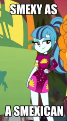 Size: 340x616 | Tagged: safe, derpibooru import, edit, edited screencap, screencap, sonata dusk, equestria girls, equestria girls series, sunset's backstage pass!, spoiler:eqg series (season 2), caption, clothes, cropped, dress, female, food, hand on hip, image, image macro, looking at you, minidress, png, ponytail, smiling, solo focus, taco, taco dress, text