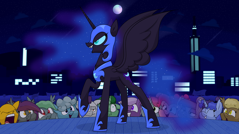 Size: 3840x2160 | Tagged: safe, artist:moonatik, derpibooru import, maud pie, nightmare moon, pinkie pie, oc, oc:anneal, oc:midnight dew, unnamed oc, alicorn, bat pony, earth pony, pegasus, pony, unicorn, alternate hairstyle, alternate timeline, alternate universe, armor, building, city, cloud, crowd, ethereal mane, female, flag, hair bun, happy birthday mlp:fim, image, implied princess celestia, male, mare, mare in the moon, mlp fim's tenth anniversary, moon, night, nightmare takeover timeline, png, spread wings, stage, stallion, stars, talking, wings