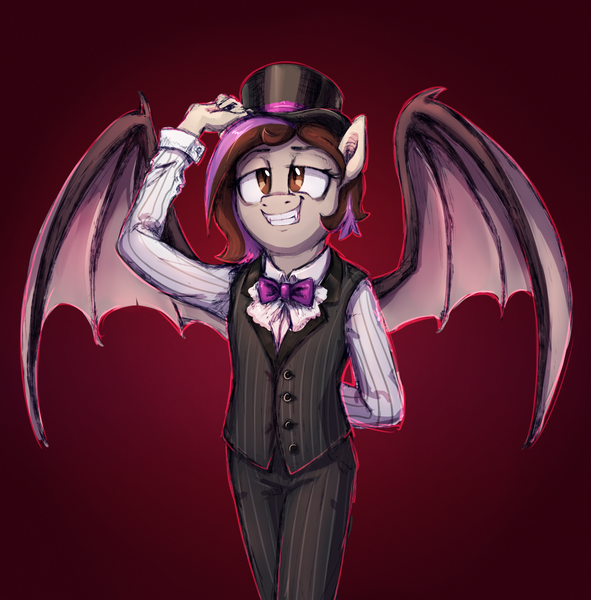 Size: 1894x1922 | Tagged: safe, artist:thebowtieone, derpibooru import, oc, oc:bowtie, anthro, vampire, clothes, female, hat, image, pants, png, solo, top hat, vest