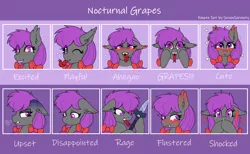Size: 3572x2200 | Tagged: suggestive, artist:sevenserenity, derpibooru import, oc, oc:nocturnal grapes, unofficial characters only, bat pony, ahegao, blushing, bow, commission, cute, disappointed, emoji, emote, excited, fangs, flustered, gasp, heart eyes, huff, image, open mouth, playful, png, rage, shocked, spear, starry eyes, tongue out, upset, weapon, wingding eyes
