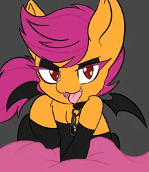 Size: 1490x1724 | Tagged: suggestive, artist:steelsoul, derpibooru import, scootaloo, bat pony, vampire, bat ponified, bedroom eyes, clothes, collar, foalcon, image, looking at you, open mouth, png, race swap, scootabat, socks, tongue out, underage