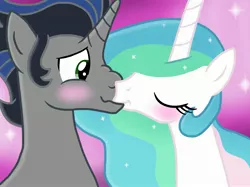 Size: 2732x2048 | Tagged: safe, artist:justsomepainter11, derpibooru import, king sombra, princess celestia, alicorn, unicorn, blushing, celestibra, cute, cutelestia, female, good king sombra, image, jpeg, kissing, male, pink background, shipping, show accurate, simple background, straight