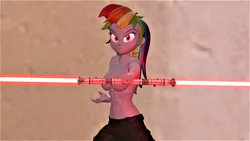 Size: 2560x1440 | Tagged: suggestive, artist:wolfthepredator, derpibooru import, rainbow dash, equestria girls, 3d, abs, belly button, breasts, busty rainbow dash, clothes, crossover, darth maul, image, lightsaber, nudity, partial nudity, png, sith, star wars, strategically covered, topless, weapon