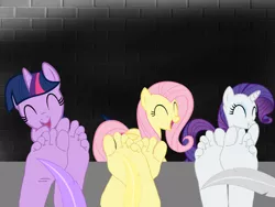 Size: 2048x1536 | Tagged: safe, artist:anthonygoody, derpibooru import, fluttershy, rarity, twilight sparkle, anthro, human, feather, feet, female, fetish, foot fetish, group, humanized, image, png, soles, tickling, toes