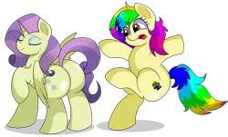 Size: 7600x4600 | Tagged: safe, artist:rainbowtashie, author:bigonionbean, derpibooru import, fluttershy, rarity, oc, oc:charitable nature, oc:rainbow tashie, earth pony, pegasus, pony, unicorn, bipedal, butt, commissioner:bigonionbean, cutie mark, extra thicc, female, flank, fusion, fusion:charitable nature, image, losing balance, mare, not an alicorn, plot, png, simple background, transparent background