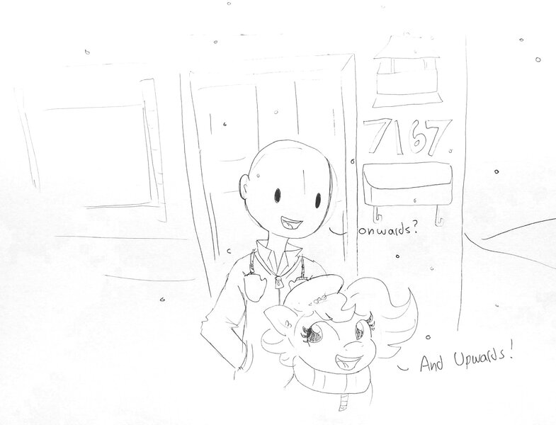 Size: 1884x1440 | Tagged: safe, artist:tjpones, derpibooru import, oc, oc:brownie bun, oc:richard, unofficial characters only, earth pony, human, pony, clothes, coat, female, grayscale, happy new year, happy new year 2021, holiday, husband and wife, image, jacket, jpeg, male, mare, monochrome, pencil drawing, snow, snowfall, traditional art