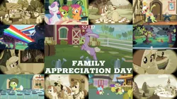 Size: 1978x1113 | Tagged: safe, derpibooru import, edit, edited screencap, editor:quoterific, screencap, apple bloom, applejack, big macintosh, granny smith, princess celestia, scootaloo, stinkin' rich, sweetie belle, family appreciation day, apple, apple tree, cutie mark crusaders, food, image, png, tree, younger, young granny smith, zap apple, zap apple tree