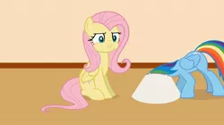 Size: 1680x942 | Tagged: safe, artist:forgalorga, derpibooru import, fluttershy, rainbow dash, pegasus, pony, annoyed, cutie mark, duo, duo female, eating, face down, female, fluttershy is not amused, image, jpeg, mare, pouting, puffy cheeks, sitting, stealing, tail, unamused, wings, your little cat 4