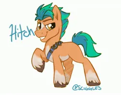 Size: 4096x3218 | Tagged: safe, artist:sciggles, derpibooru import, hitch trailblazer, earth pony, pony, g5, grin, high res, image, jpeg, looking at you, male, raised hoof, simple background, smiling, solo, stallion, teeth, text, unshorn fetlocks, white background