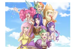 Size: 900x582 | Tagged: safe, artist:o0reika0o, derpibooru import, applejack, fluttershy, pinkie pie, rainbow dash, rarity, spike, twilight sparkle, human, anime, book, clothes, cloud, confetti, cute, dress, evening gloves, female, gloves, headband, headphones, humanized, image, long gloves, male, mane seven, mane six, nail polish, one eye closed, open mouth, pigtails, png, sky, smiling, wink