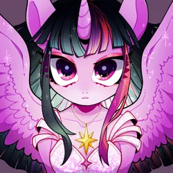 Size: 1500x1500 | Tagged: safe, artist:bbtasu, derpibooru import, twilight sparkle, alicorn, semi-anthro, bust, clothes, cute, cutie mark accessory, dress, female, gown, image, jewelry, jpeg, looking at you, necklace, solo, spread wings, twiabetes, twilight sparkle (alicorn), wings